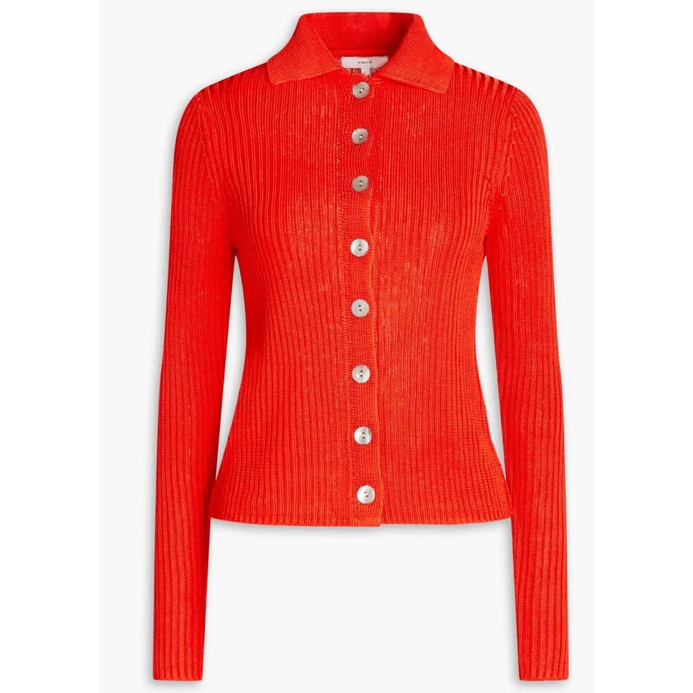 Vince Ribbed Collar Cardigan Sweater SIZE XS 100% Rayon Color Papaya